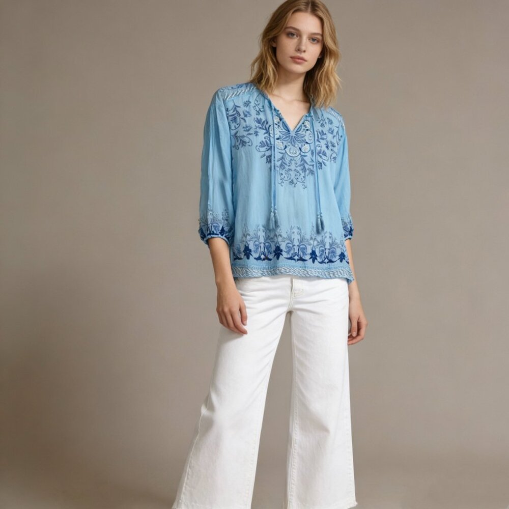 NWOT Johnny Was Margot Embroidered Floral Top Shirt Blouse Blue Size XL
